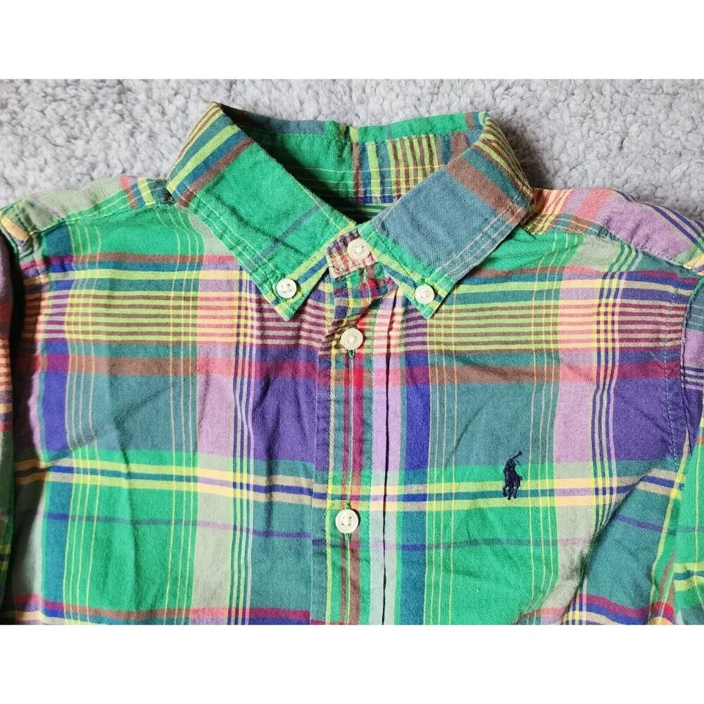 Ralph Lauren Green Plaid Button Down Long Sleeve Polo Shirt Youth Size 6‎ Cotton